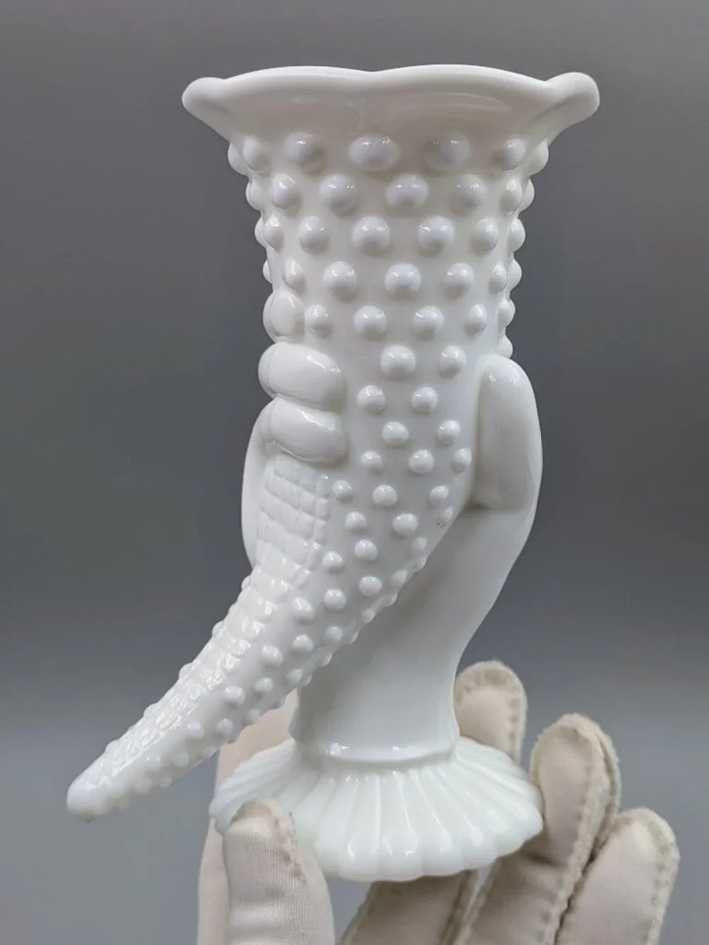 Fenton Hobnail Milk Glass Hand Cornucopia Vase – Vintage Art Glass Bud Holder